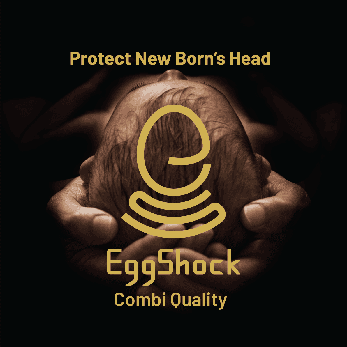 Hands supporting an infant’s head in the Combi EggShock banner.